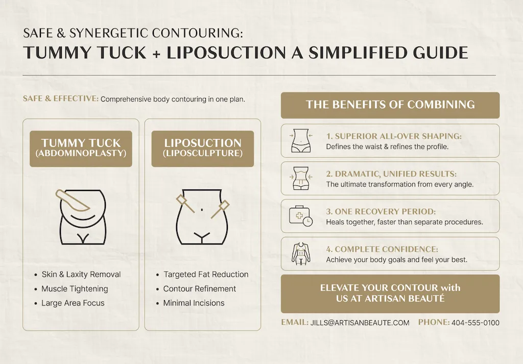 Can you safely combine a tummy tuck with liposuction, and what are the benefits?
