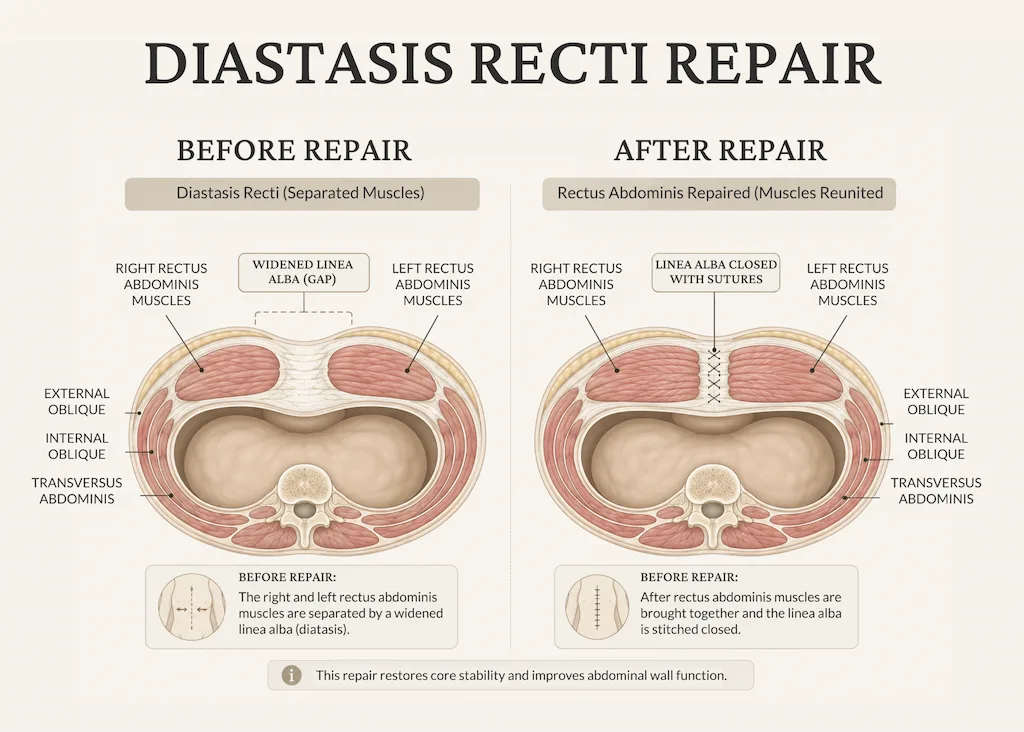 How are abdominal muscles repaired during a tummy tuck?