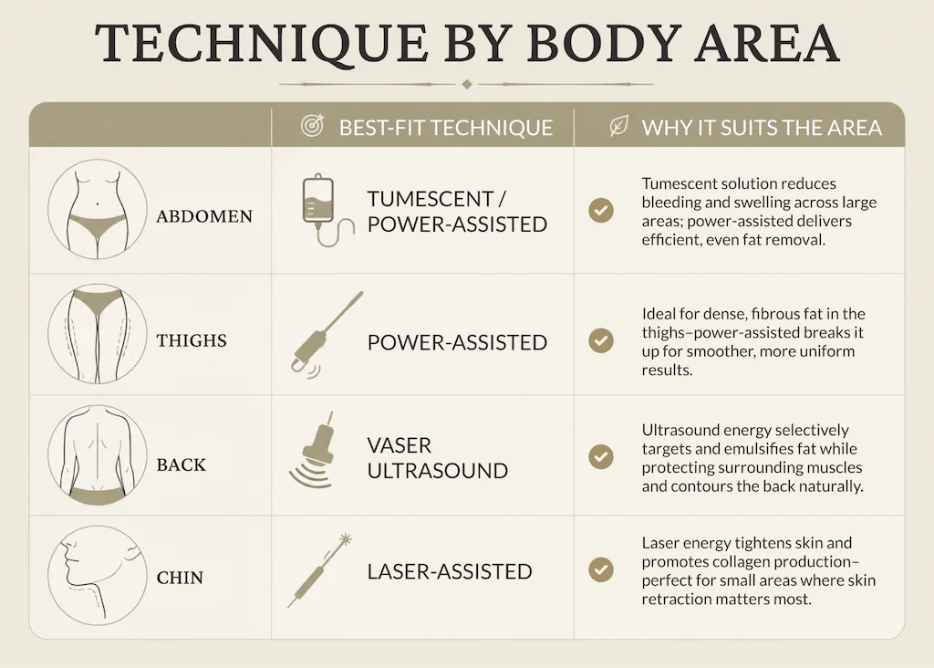 What is the liposuction procedure like for different body areas?