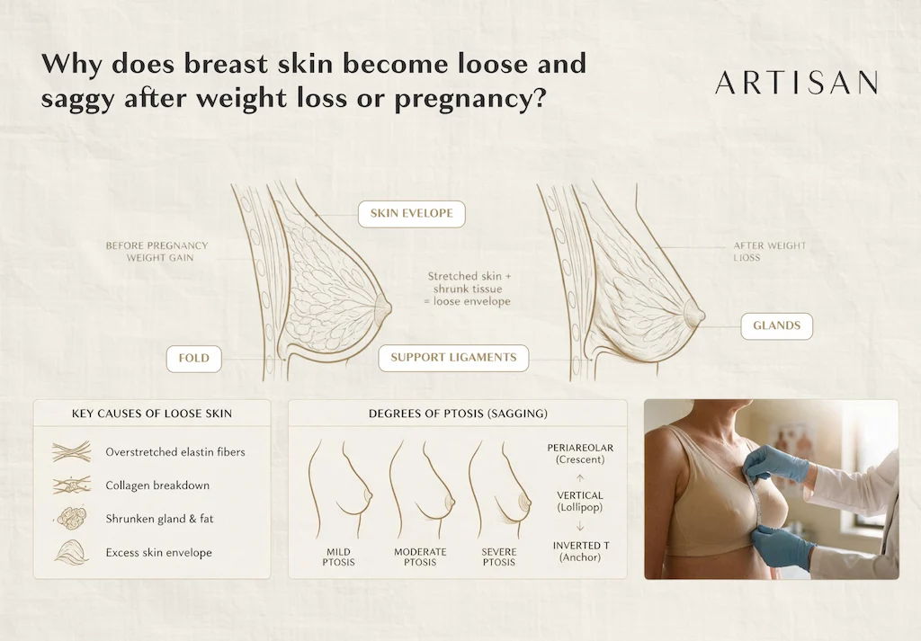Why does breast skin become loose and saggy after weight loss or pregnancy?